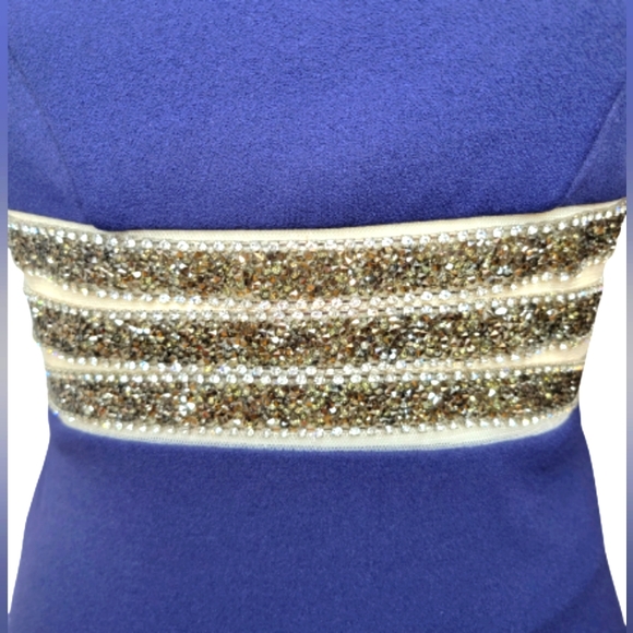 Navy Blue Halter Bodycon Dress with Mesh and Rhinestone Waist Detail - Picture 3 of 4